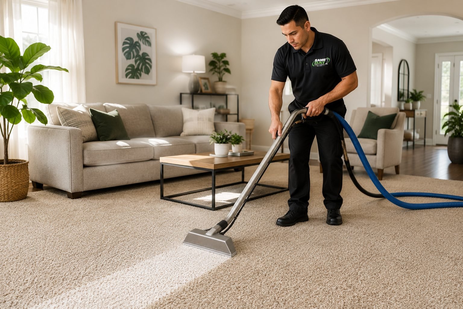 Area Rug Cleaning technician working in an NYC apartment